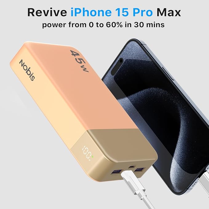 NOBIS Portable Charger, 20000mAh Power Bank, 45W Power Bank Fast Charging, Battery Pack with C to C Cable, Battery Bank with Digital Display for Phone Android Laptop etc (Orange) - Image 2