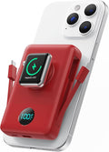 Magnetic Portable Charger for MagSafe with Built-in Cable,iWatch Charger,10800mAh Wireless Power Bank Travel Essentials,25W PD Fast Charging Battery Pack for iPhone 17/16/15/14/13/12,Apple Watch-Red by Ekrist