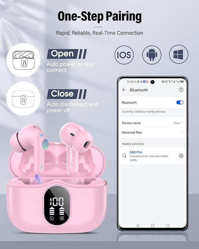 Wireless Earbuds, Bluetooth 5.4 Headphones Bass Stereo/Clear Calls, Pink | Ear Buds with Noise Cancelling Mic LED Display in Ear Earphones IP7 Waterproof 36H Bluetooth Earbuds for Phones/Sport/Laptop - Image 5