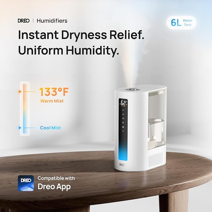 DREO 6L Humidifiers for Bedroom, Smart Warm & Cool Mist for Large Room, 60Hr Quiet Runtime for Baby, Plant, Humidity Sensor, Indicator Light, 12H Timer, Google/Alexa, Grey - Image 2