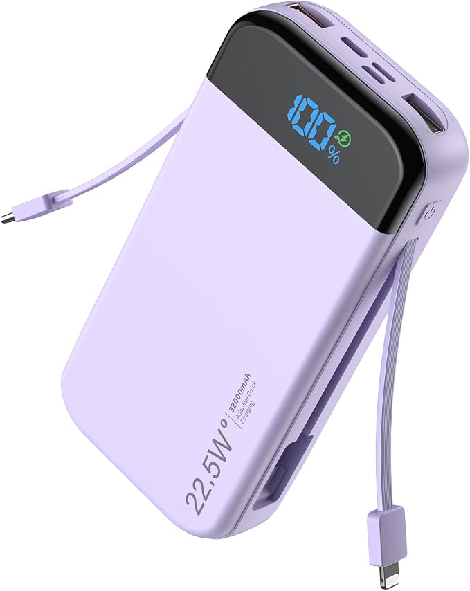 Portable Charger Power Bank Built-in Cables, 32000mAh 22.5W USB C Fast Charging, 5 Outputs 3 Inputs Travel Essentials Battery Pack Compatible with iPhone, iPad, Samsung, Google Pixel, Purple by LENGSUM