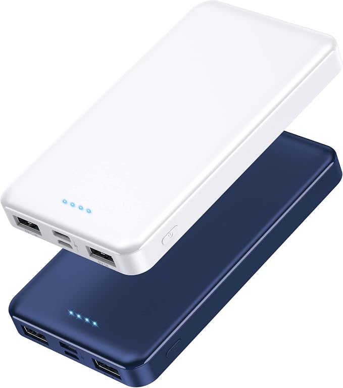 [2 Pack] Portable Charger Power Bank 10000mAh,Ultra Slim Compact External Battery Pack with USB C Input & Output Backup Charger Compatible with iPhone 16/15/14/13, Galaxy S24,Android etc-Blue+White by AONIMI