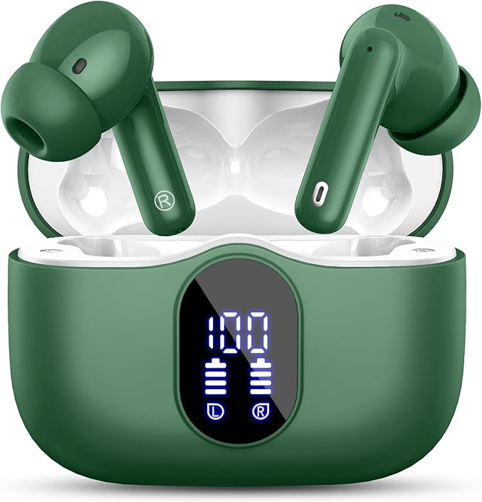 Wireless Earbuds, Bluetooth 5.4 Headphones Bass Stereo/Clear Calls, Green | Ear Buds with Noise Cancelling Mic LED Display in Ear Earphones IP7 Waterproof 36H Bluetooth Earbuds for Phones/Sport/Laptop by Btootos