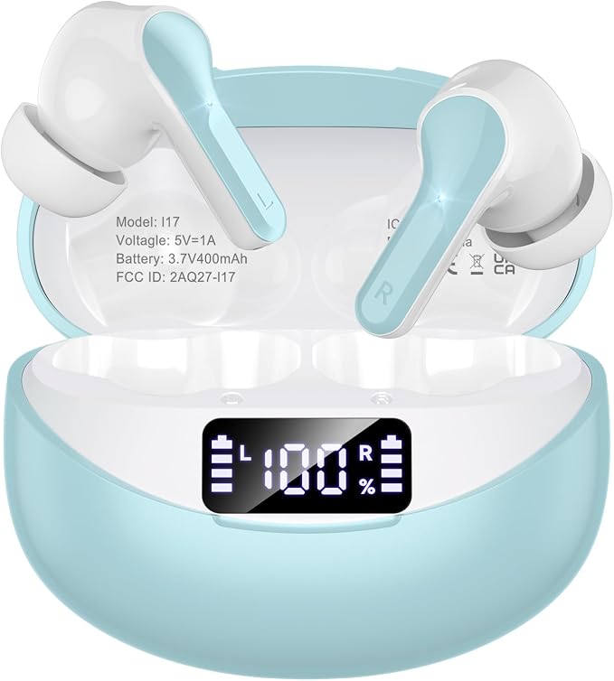 Wireless Earbuds Bluetooth 5.4 Headphones, Noise Cancelling Mic Ear Buds with 50H Playback, LED Digital Display, IPX7 Waterproof Earphones for Office/Running/Workout(Light Green) by Unknown