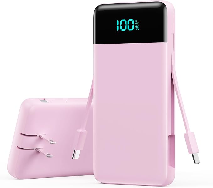 Portable Charger with Built-in AC Plug and Cables,13800mAh All in One USB C Fast Charging Power Bank,Travel Essentials Portable Phone Charger Battery Pack for iPhone 17/16/15/14/13,Galaxy,Android-Pink by YHO