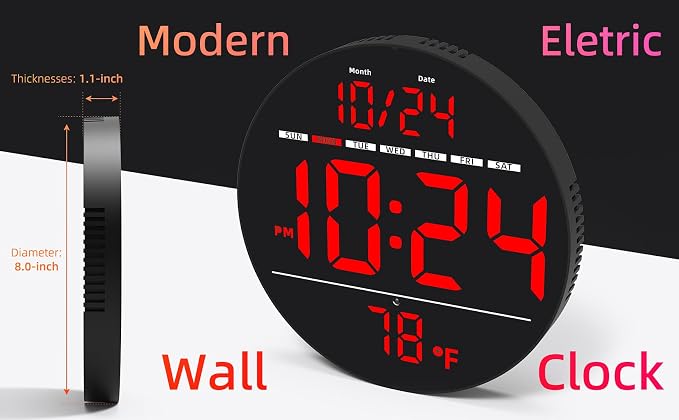 Digital Wall Clock with Large LED Display, Temperature, Auto-Brightness | Small - Image 2