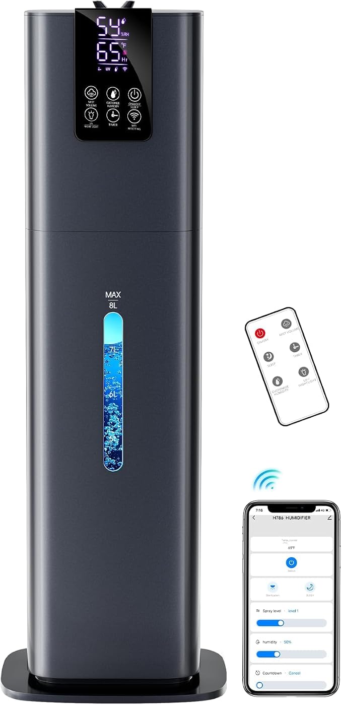 Smart Humidifiers Large Room Bedroom Home, 2.11Gal(8L) Quiet Top Fill Cool Mist Humidifier, Smart App & Remote Control, 3 Speed Humidifier with 360° Nozzle, Humidity Setting for Baby Office(Blue) by HumidifiersLargeRoomBedroom