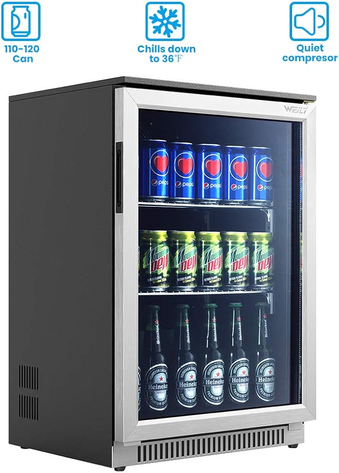 Weili 20" Under Counter Beverage Refrigerator with Reversible Glass Door | Built-in/Freestanding, 3.2 Cu.Ft, Stainless Steel, Adjustable Shelves, Beer Soda Drink Fridge, for Home Bar Office Kitchen - Image 2