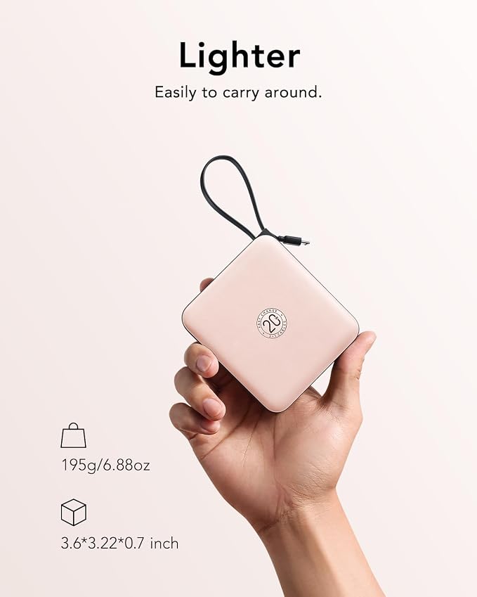 VRURC Portable Charger for iPhone Built-in Cables, 22.5W USB C Fast Charging 10000mAh Pocket Power Bank, Battery Pack for iPhone 17 16 & Samsung Galaxy S26 S25 etc Android, Pink(1 Pack) - Image 5
