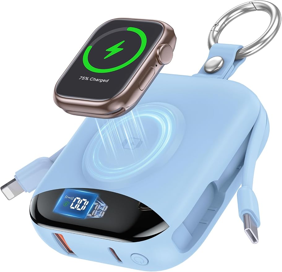Portable Charger, 10000mAh 22.5W Fast Charging Power Bank with Built-in Cables, Travel Essentials Battery Pack with LED Display for iPhone, Portable iWatch Charger for 11/10/9/8/7/6/SE/Ultra Dawn Blue by CITICR