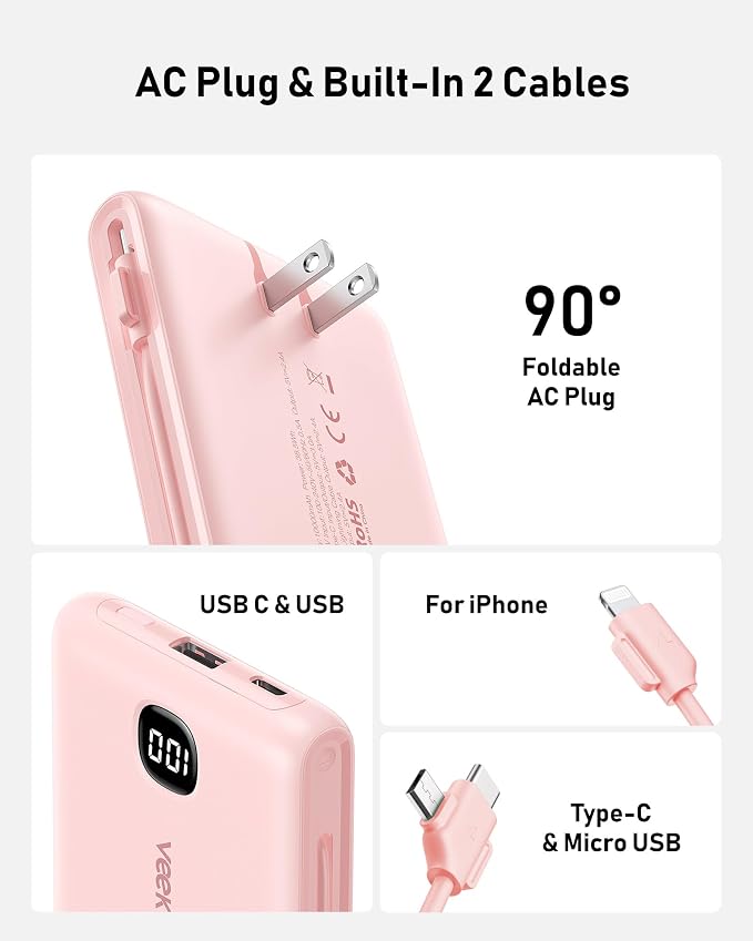 Portable Charger Power Bank Built in Cables and Wall Plug, 10000mAh iPhone Battery Pack Fast Charging, USB C External Slim Power Bank, Travel Essentials Compatible with iPhone 16 15 14 13 iPad, Pink - Image 2