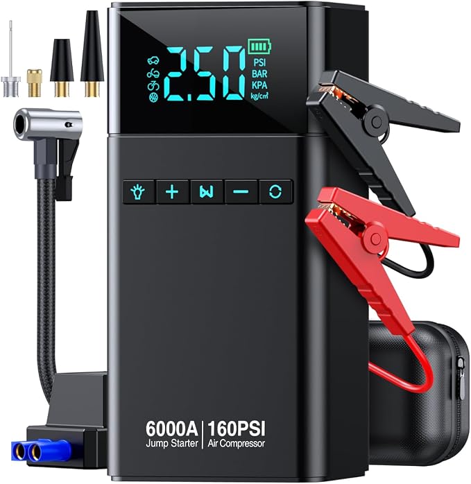 10-in-1 Portable Car Battery Jump Starter with Air Compressor, 6000A 160PSI Portable Car Jumper Starter (All Gas 12L Diesel), 12V Jump Box Car Battery Jump Starter with Jumper Cables, Lights by CZKGB