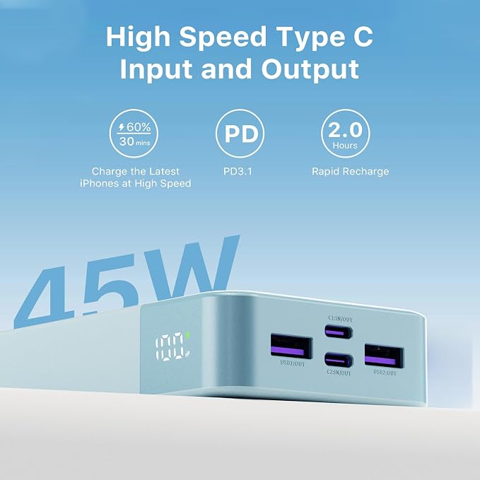 JUOVI J2621 Power Bank Portable Charger 20000mAh 45W, PD3.0 QC 4.0 Fast Charging Battery Pack with LED Display,2 USB-C,2 USB-A for iPhone 15 16, MacBook - Image 4