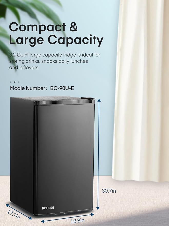 3.2 Cu. Ft Mini Fridge with Freezer, FOHERE Small Fridge with 7 Level Temperature Control, Removable Glass Shelves for Bedroom, Office, Dorm - Image 3