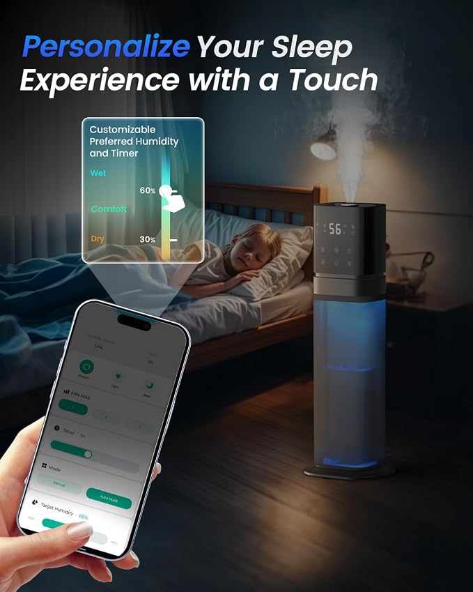 Smart Humidifier Large Room, 2.1Gal/8L Humidifiers for Bedroom with Extended Tube&Night Light, Whole House Cool Mist Humidifiers, WIFI App&Voice Control, School/Office/Warehouse, Dark Blue - Image 5