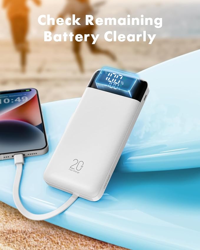 charmast 20000mAh Portable Charger with Built in Cables, 22.5W Travel Power Bank Fast Charging, USB C Cell Phone Battery Pack for iPhone 16/15/14/13/12/11 Series, iPad, Samsung, Android, Tablet - Image 7