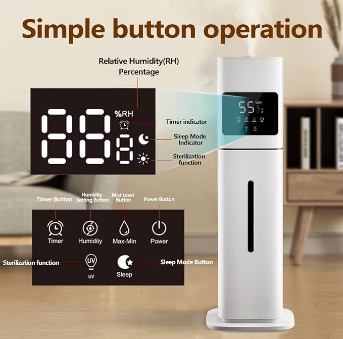 Smart White Humidifier, 2.1Gal/8L Large Capacity Cool Mist Humidifier with 3 Mist Levels, Auto Humidity Control, Timer & Auto Shut-Off, LED Panel & Remote, 360° Nozzle for Nursery, Office, Plants - Image 2