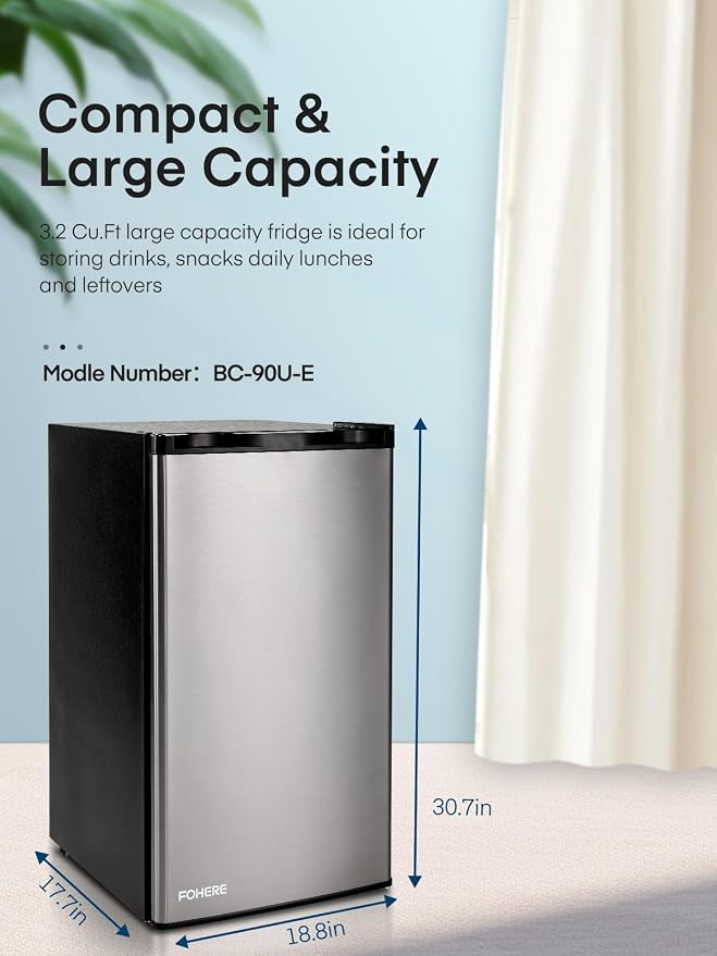 FOHERE 3.2 Cu. Ft Small Refrigerator with Freezer, Compact Mini Fridge with 7 Level Temperature Control, Removable Glass Shelves for Bedroom, Office, Dorm, Stainless Steel, BC-90U-E - Image 3