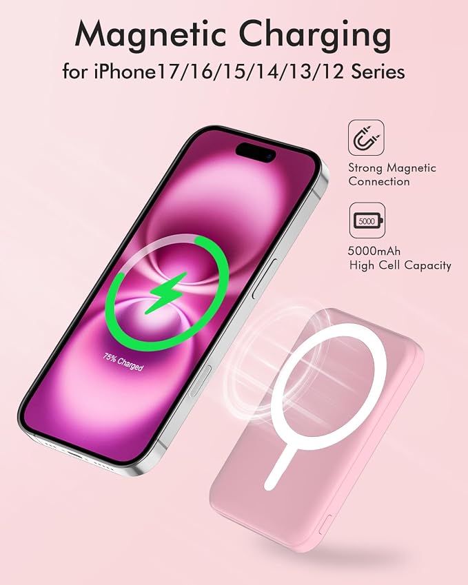 podoru for Magsafe Battery Pack, 5000mAh Magnetic Power Bank with Type-C Cable 20W PD Fast Charging Lighting Input Wireless Portable Charger for iPhone 17/16/15/14/13/12/ All Series-Pink - Image 3