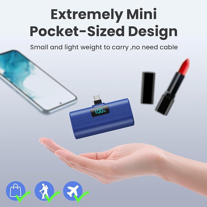 Mini Portable Charger USB C Power Bank,Upgraded 5500mAh PD Fast Charging Battery Pack Built-in USB-C Connector Travel Essential for iPhone17/17Pro/17Pro Max/Air/16 Plus/16Pro Max/15 Series (Deep Blue) - Image 3