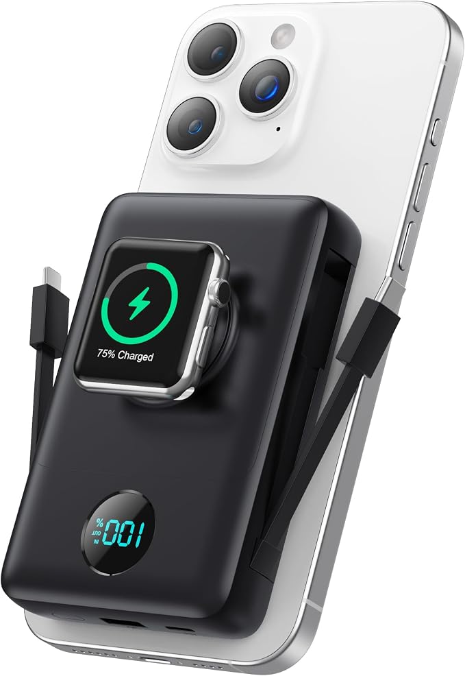 Magnetic Portable Charger for MagSafe with Built-in Cable, iWatch Charger,10800mAh Wireless Power Bank Travel Essentials,25W PD Fast Charging Battery Pack for iPhone 17/16/15/14/13 Series,Apple Watch by Ekrist