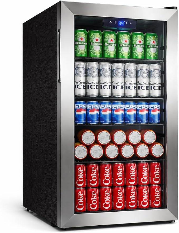 130 Can Beverage Refrigerator, 3.2 Cu.Ft Drink Cooler | Reversible Glass Door, 35–65°F Digital Temperature Display, Adjustable Shelves, Beverage Fridge for Soda, Beer & Wine by Manastin