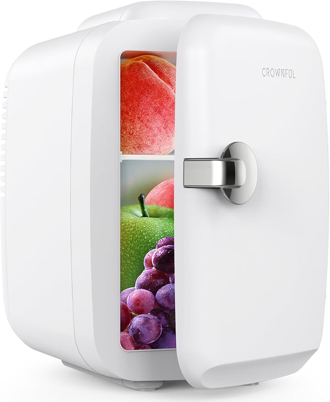 CROWNFUL Mini Fridge, 4 Liter/6 Can Portable Cooler and Warmer Personal Refrigerator for Skin Care, Cosmetics, Beverage, Food,Great for Bedroom, Office, Car, Dorm, ETL Listed (White) by CROWNFUL
