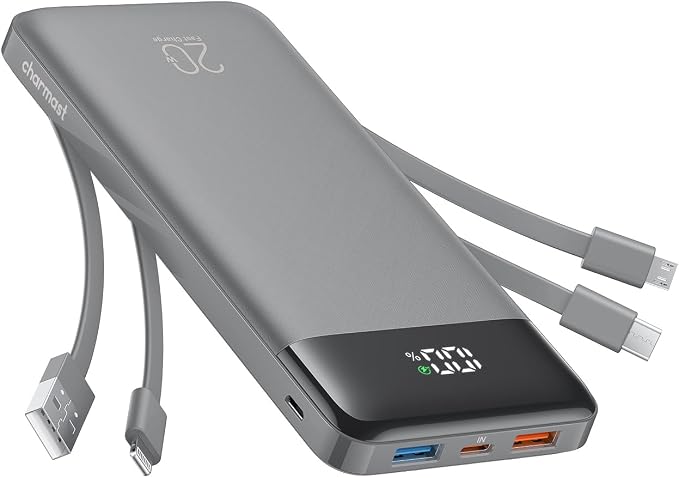 charmast 20000mAh Portable Charger with Built in Cables, 22.5W Travel Power Bank Fast Charging, USB C Cell Phone Battery Pack for iPhone 17/16/15/14/13/12 Series, iPad, Samsung, Android, Tablet by Charmast