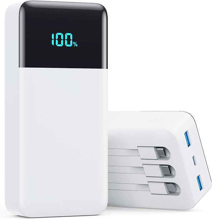 Portable Charger 50800mAh Power Bank with 3 Built in Cables,25W PD QC4.0 Fast Charging USB C Battery Pack,6 Outputs 2 Inputs Travel Essentials Phone Charger for iPhone 17/16/15,Google,Android,White by AONIMI