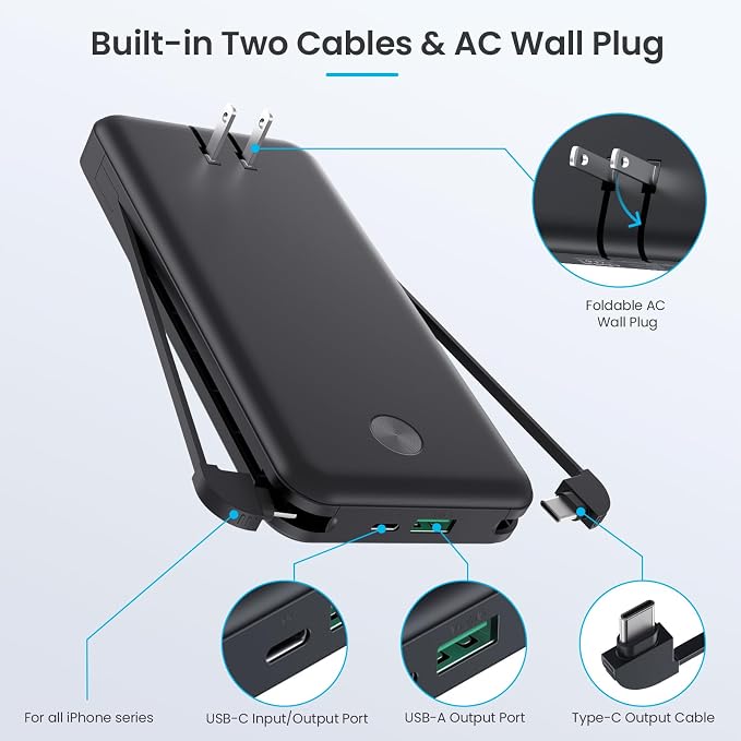 Portable Charger for iPhone with Built in Cables & Wall Plug,10800mah Travel Essentials Power Bank,4 Output LCD Display External Battery Pack Phone Charger for iPhone 17/16/15/14,Galaxy,Android etc - Image 2