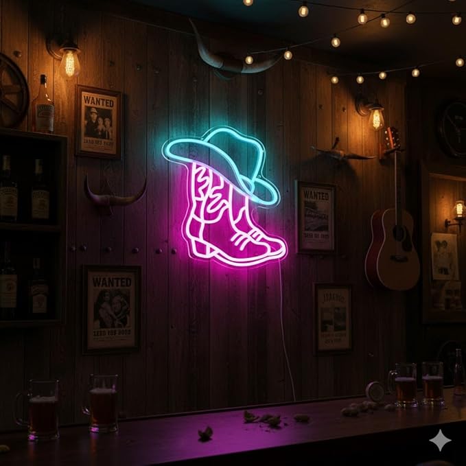 Cowboy Boot and Hat LED Neon Sign, Western Country Wall Decor - Image 3