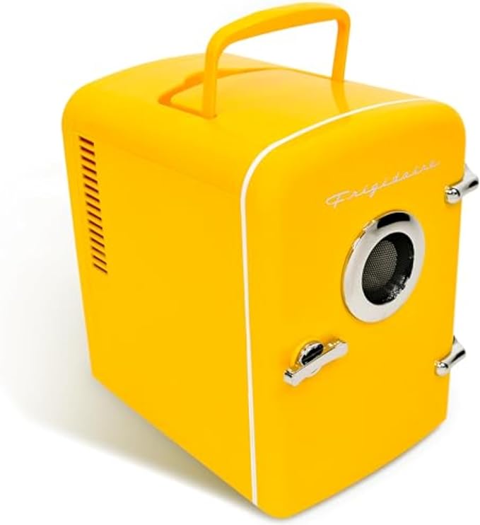 Frigidaire Curtis EFMIS151 Mini Portable Compact Personal Cooler Fridge, 4 Liter Capacity, 6 Cans, Makeup, Skincare, Freon-Free & Eco Friendly, Includes Home Plug & 12V Car Charger, Yellow by Unknown