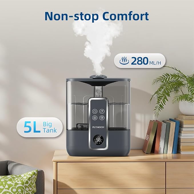 FLYMOON Humidifier for Bedroom, Top Fill 5L Cool Mist Humidifiers with 28dB, Humidifier for Large Room with Leak-Proof, Auto-Off, 12H Timer, 50 Hour Runtime,Tuya App Control, Black - Image 4