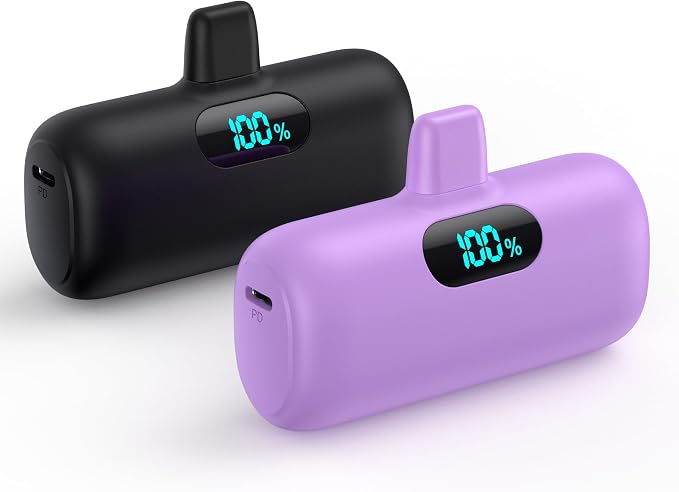 [2 Pack] Small Portable Charger for iPhone,Upgraded 5000mAh PD Fast Charging Power Bank, LCD Display Cute Mini Battery Pack Compatible with iPhone 14/14 Pro Max/13/13 Pro/12 Pro/11/XR/X/8,Black+Purple by Feob