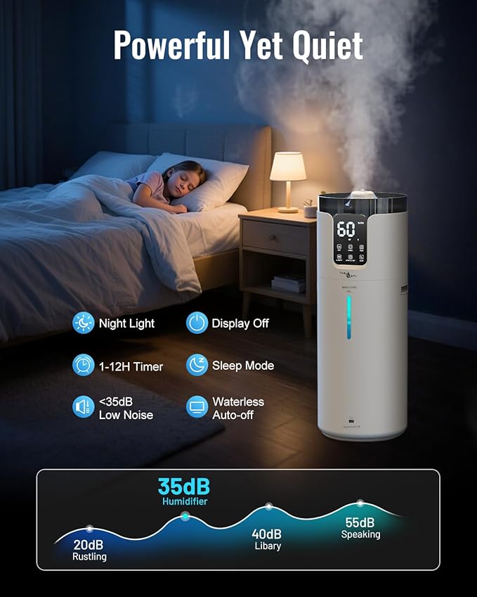 Humidifier large room 16L/4.2Gal - Lacidoll Whole house Humidifier for Home1500 sq.ft. Ultrasonic Cool Mist Humidifiers for Bedroom with Extension Tube & Aroma Box & Night light, White - Image 5