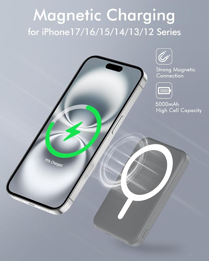 podoru for Magnetic Battery Pack, 5000mAh Magnetic Power Bank with Type-C Cable 20W PD Fast Charging Lighting Input Wireless Portable Charger for iPhone 17/16/15/14/13/12/ All Series-Gray - Image 3