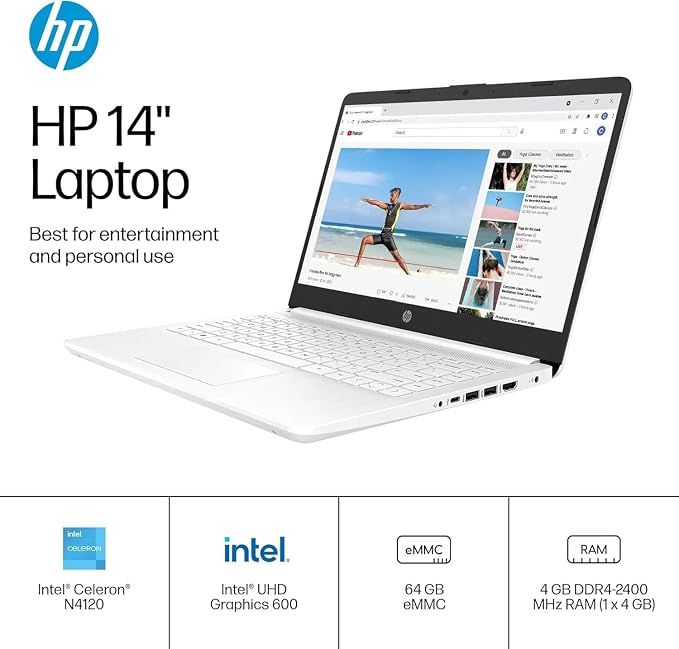 HP 14" Ultra Light Laptop for Student & Home (Intel 4-Core Celeron, 4GB RAM, 64GB eMMC + 128GB SD Card,) 11-Hr Long Battery Life, Webcam, Wi-Fi, Win 11 Home in S Mode (Renewed) - Image 2