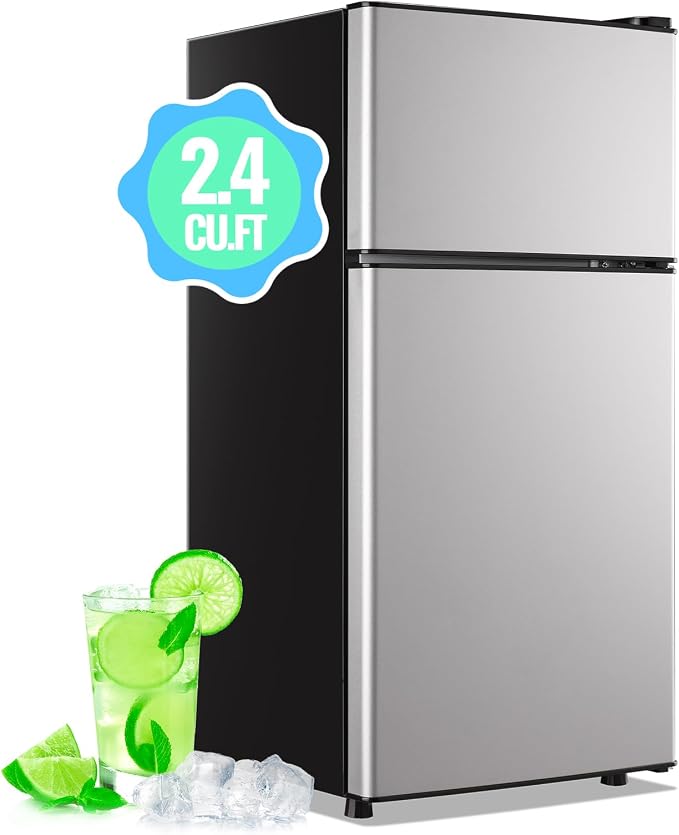 Mini Fridge with Freezer, 45L Personal Refrigerator Only for One Person Use, Silver Tiny Small Size Refrigerator with 7 Level Adjustable Temperature and Double Door by DEMULLER