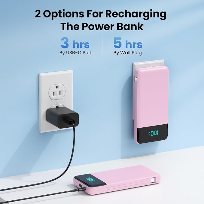 Portable Charger for iPhone with Built in Cables and Wall Plug,Upgraded 13800mAh Fast Charging USB C Power Bank,4 Outputs Travel Essential Battery Pack Compatible with iPhone 17/16/15/14,Samsung-Pink - Image 3