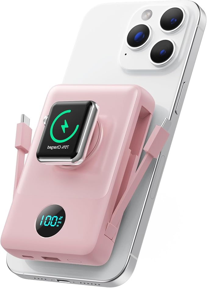 Magnetic Portable Charger for MagSafe with Built-in Cable,iWatch Charger,10800mAh Wireless Power Bank Travel Essentials,25W PD Fast Charging Battery Pack for iPhone 17/16/15/14/13/12,Apple Watch-Pink by Ekrist