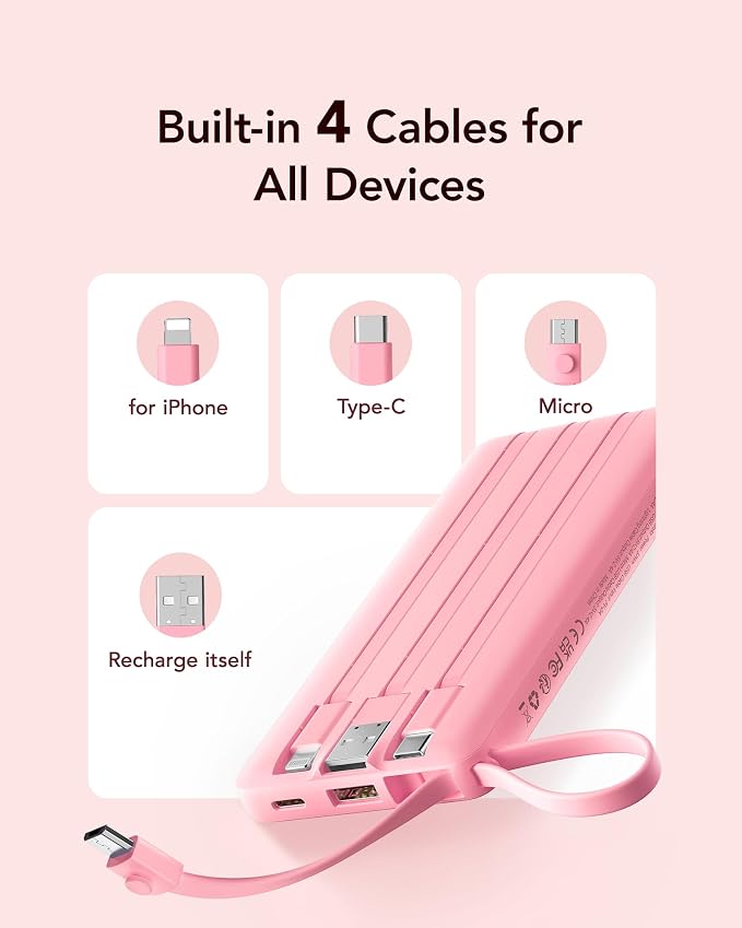 VRURC Portable Phone Charger, Travel Portable Charger with 4 Cables, 5 Outputs 2 Inputs Slim USB C Power Bank, Built-in Cables Cords for iPhone 17 16 15 14 13,Samsung,Android-Barbie Pink(1 Pack) - Image 3