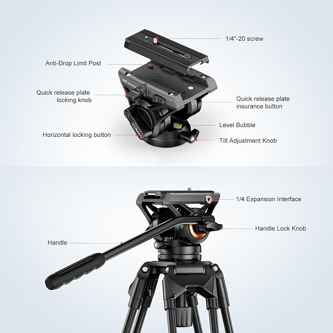 COMAN 74.4" Video Tripod, Heavy Duty Camera Tripod - Image 5