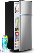 55L Capacity Silver Refrigerator with Freezer Double Door Mini Fridge Small Apartment Refrigerator with 7 Adjustable Temp Control by DEMULLER