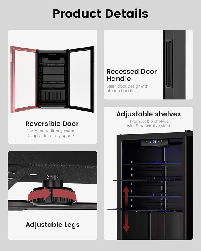 Feelfunn 26 Bottle 126 Can Wine Cooler, 3.2CuFt Mini Fridge with Glass Door | 34-64°F, <36dB, 4 adjustable shelves, for beer, soda, water in bedroom, office, home bar, dorm - Image 7