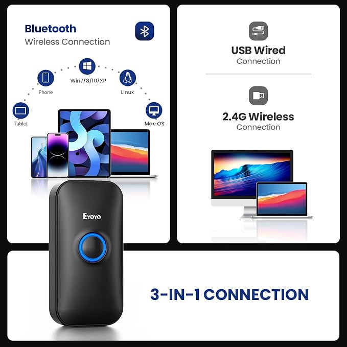 Eyoyo Mini 1D Bluetooth Barcode Scanner, 3-in-1 Bluetooth & USB Wired & 2.4G - Image 5