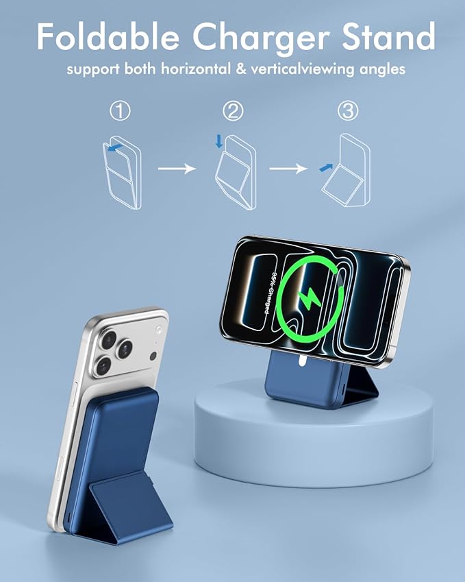 podoru for Magsafe Battery Pack, Foldable 10000mAh Magnetic Power Bank with USB-C Cable LED Display 22.5W PD Fast Charging Wireless Portable Charger for iPhone 17/16/15/14/13/12 Series-Navy Blue - Image 4