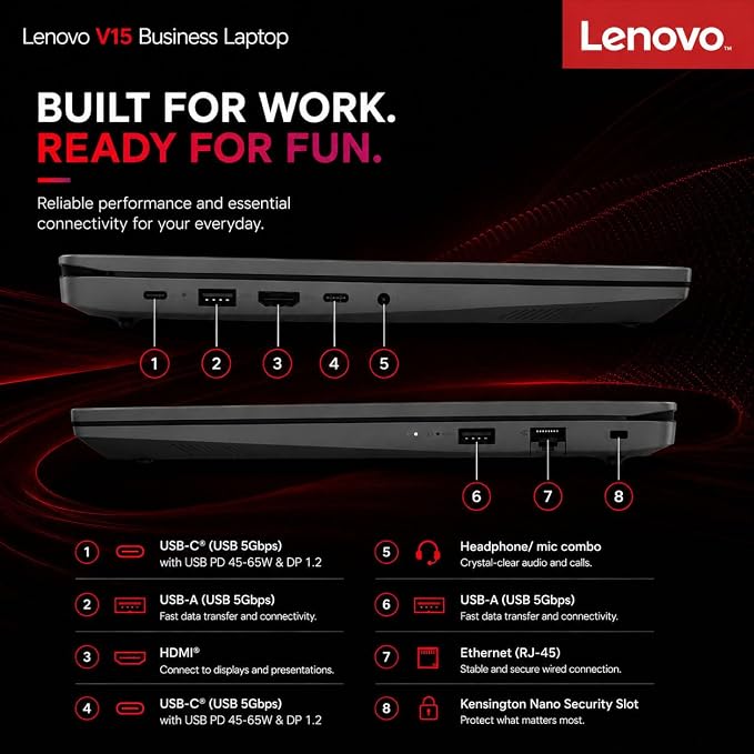Lenovo V15 Business Laptop, Intel N150 Quad-Core Processor, 15.6" FHD Display, 16GB DDR5 RAM, 512GB NVMe SSD, Wi-Fi 6, Ethernet RJ-45, Dolby Audio, Windows 11 Pro, Business Black - Image 7