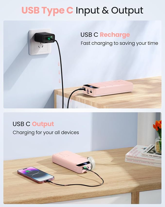 Power Bank Fast Charging 50000mAh - 22.5W Portable Charger USB C Quick Charge with 4 Outputs & 3 Inputs LED Display Huge Capacity External Battery Pack for iPhone, Samsung, iPad etc Pink - Image 6