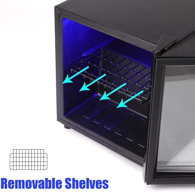 Mini Fridge Glass Door 60 Cans Beverage Cooler Refrigerator Mini Beer Fridge 1.6 cu.ft Organizer for Drinks Soda Wine Small Refrigerator with Blue LED for Home Office Dorm - Image 7