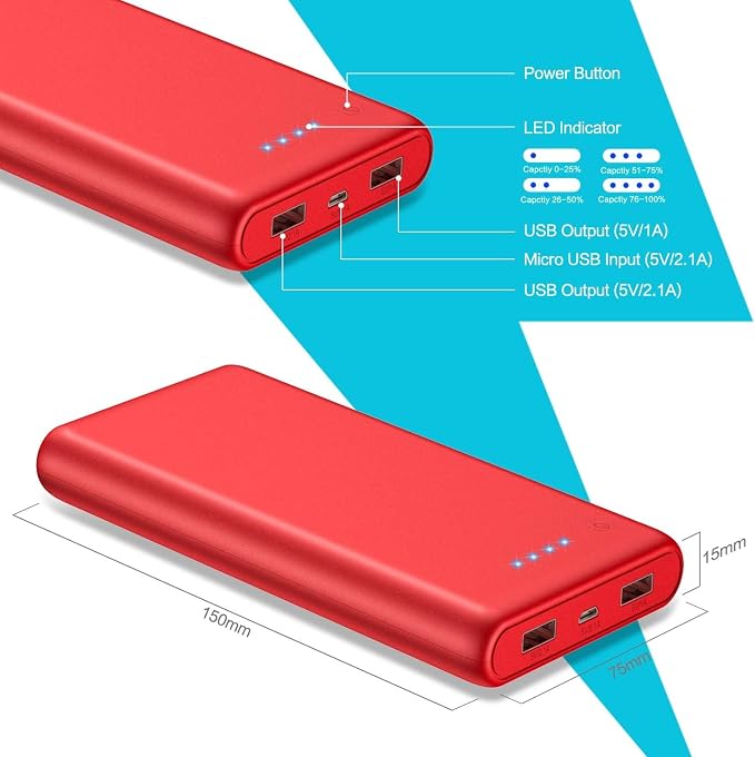 Portable Charger Power Bank 26800mah,Ultra-High Capacity Safer External Cell Phone Battery Pack,2 USB Output High Speed Charging Power bank Compatible with iPhone 17 16 15 14 13 Samsung Android LG-Red - Image 3
